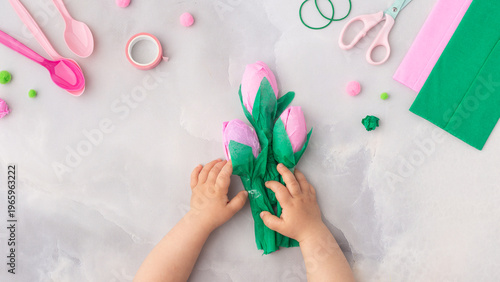 Easy flowers from spoons and crepe paper craft for kids. Hands. Mother's day. Happy birthday