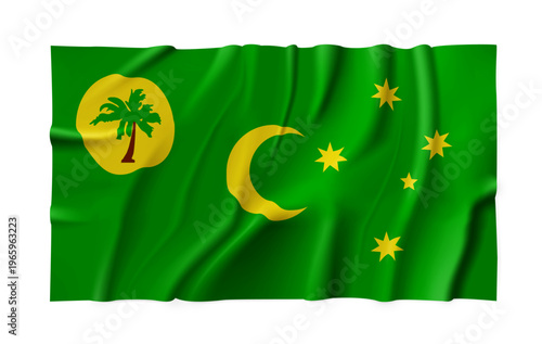 Realistic Cocos (Keeling) Islands country flag isolated on a transparent background. Silk atlas detailed fabric flag. Vector PNG