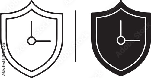 Two shield with clock face inside featuring one outlined and one solid black silhouette style on a white background