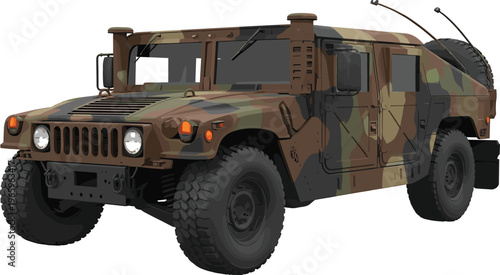 Military tactical vehicle vector illustration with woodland camouflage pattern for army and defense concepts