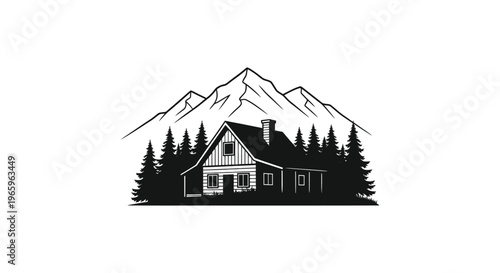 A striking black and white illustration depicts a cozy cabin nestled amongst mountains and trees presented as a silhouette high quality