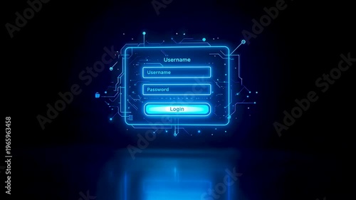 Glowing blue login screen with username password fields and sign in button floating on dark reflective background with light particles