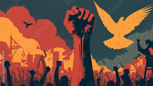 Protest, revolution, activism concept, social movement, raised fist, dove of peace