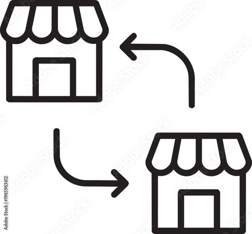 Outline vector icon of two retail stores with exchange arrows representing business distribution franchise and commerce concept
