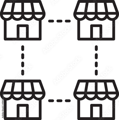 Outline vector icon of multiple connected retail stores representing commercial franchise network and business distribution concept