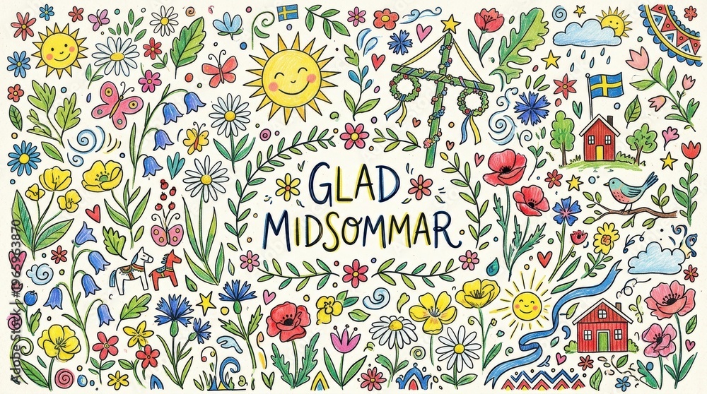 Naklejka premium A playful doodle-style illustration filled with hand-drawn flowers, suns, leaves, and whimsical elements scattered across the canvas, childlike Scandinavian midsummer vibe, handwritten Glad Midsommar