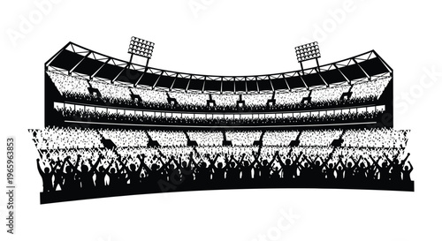 A packed stadium crowd enjoys a sporting event illustrated with a stark dramatic black silhouette high quality professional detailed modern elegant