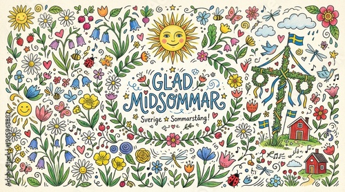 A playful doodle-style illustration filled with hand-drawn flowers, suns, leaves, and whimsical elements scattered across the canvas, childlike Scandinavian midsummer vibe, handwritten Glad Midsommar