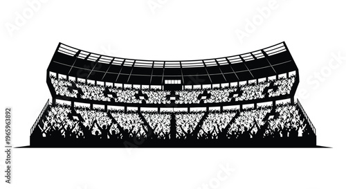 A detailed black and white illustration depicts a crowded stadium filled with spectators presented as a striking silhouette high quality professional