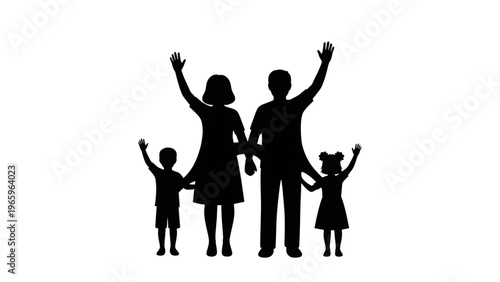Black silhouette of happy family with two children waving hands