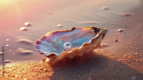 Precious white pearl rests beautifully within an open iridescent oyster shell, gently washed ashore by a soft ocean wave on a sandy beach.