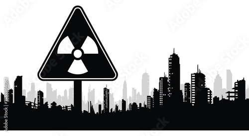 A stark warning of radioactive hazard looms over a city skyline presented in a dramatic silhouette high quality professional detailed modern