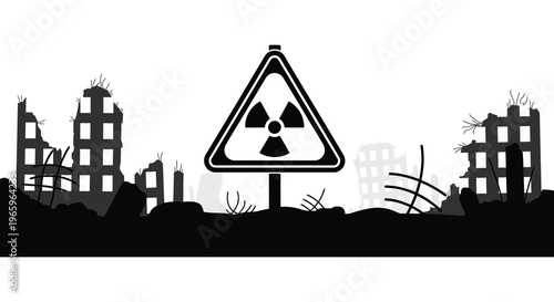 A stark warning sign featuring a radioactive symbol against a ruined cityscape presented as a silhouette high quality professional detailed modern