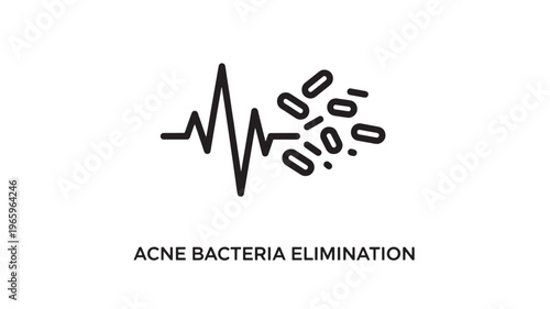 Minimalist line art depicting acne bacteria elimination with magnified germs and precision target symbol. Ideal for skincare marketing, medical education, and wellness advertising.