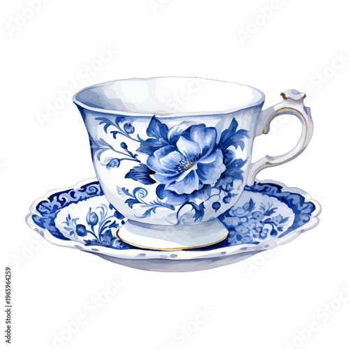 Vintage blue and white porcelain teacup and saucer with ornate Delft floral peony pattern
