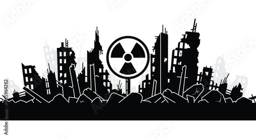 A stark cityscape silhouette is shown with radioactive symbols depicting a post apocalyptic desolate urban landscape silhouette high quality professional detailed modern