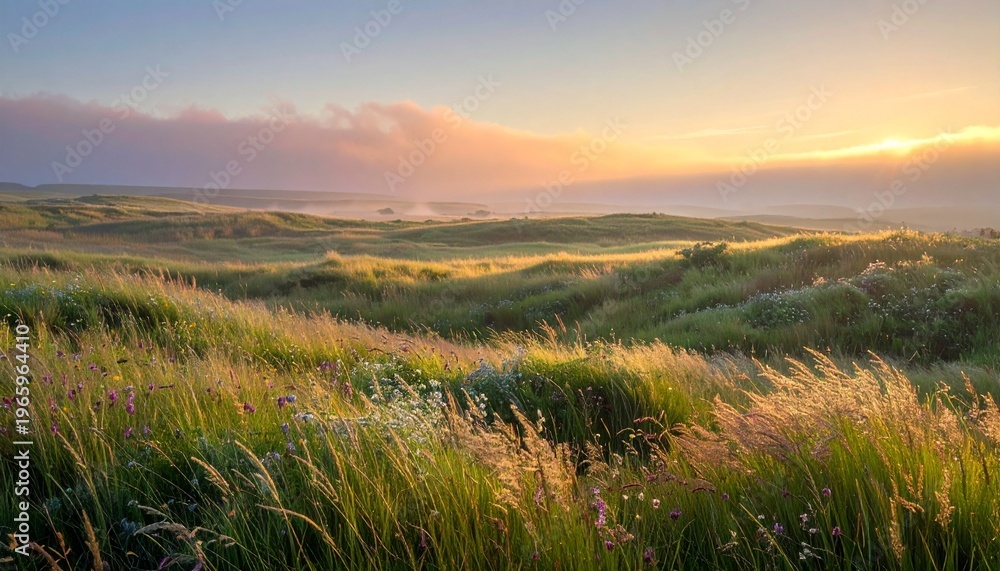 Obraz premium Golden hour grassland with soft sunlight and misty hills at sunrise