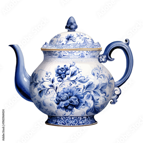 Vintage blue and white porcelain teapot with ornate floral patterns
