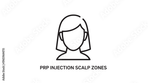 Minimalist black and white line art depicting PRP injection scalp zones for hair regrowth therapy. Ideal for medical, wellness, and cosmetic treatment marketing materials.