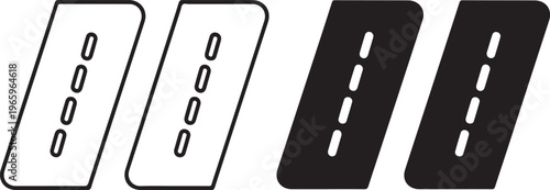 Two slanted rectangular road with dashed lane markings in outline and solid black styles