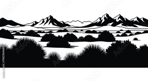 A striking landscape illustration with layered mountains shrubbery and a flat foreground presented as a silhouette high quality professional detailed modern