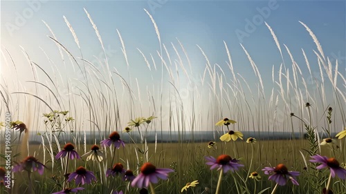 Tall, wispy blades of grass and wildflowers sway gently in a sun-drenched field under a vast, clear blue sky.