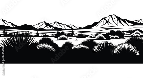 A stark black and white desert landscape with layered mountains and sparse vegetation presented as a dramatic silhouette high quality professional