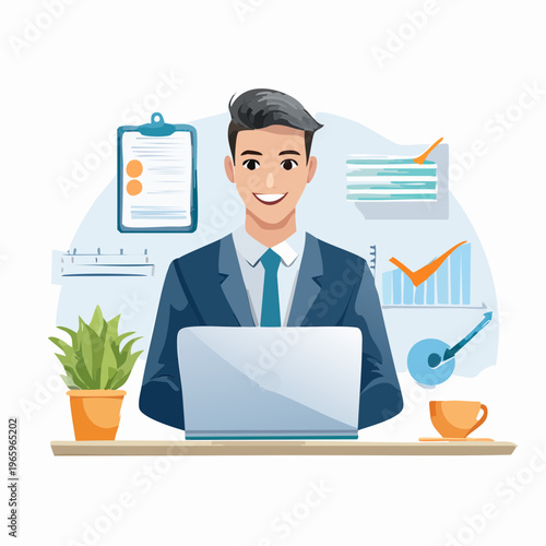Business person working at laptop in office setting with plants and documents in background
