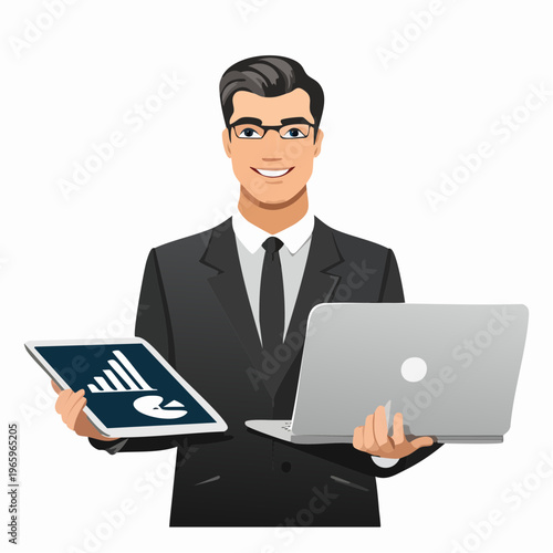 Business person holding tablet and laptop with charts in office during work hours