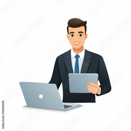 Businessman using laptop and tablet in office setting during work hours