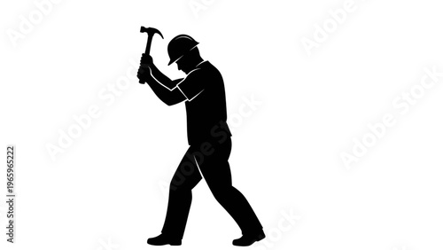 Black silhouette of a worker in a hard hat swinging a pickaxe