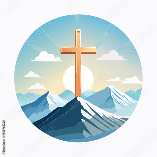 Mountain scene with a cross and sun during sunset with clouds in the sky
