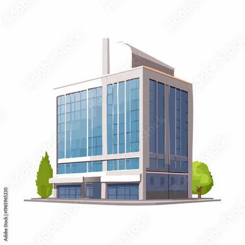 Modern office building located in an urban area with large glass windows and nearby trees during daylight hours