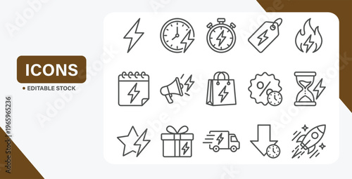 Icon Set Featuring Flash Sale Elements: Lightning Bolt, Timer, Discount Tags, and Promotional Alert Symbols