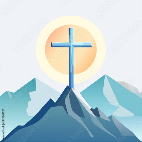 Cross stands on a mountain peak with sun behind it during daytime in a digital art style