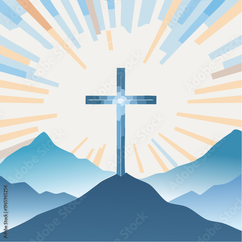 Cross stands on a mountain with bright rays of light shining in the sky during a day with clear weather