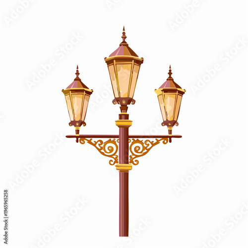 Decorative street lamp design with three lanterns standing tall in a simple urban setting