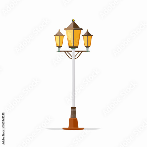 Street lamp with three lights standing on a sidewalk in an urban area during evening hours