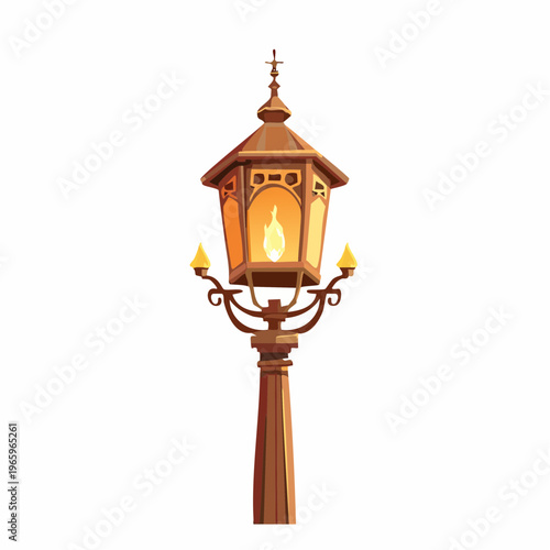 Tall street lamp with glowing light in a city setting during the evening