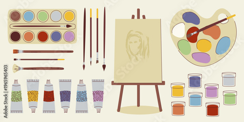 Artist's workspace layout with an easel, portrait sketch, paint tubes, palette, and brushes