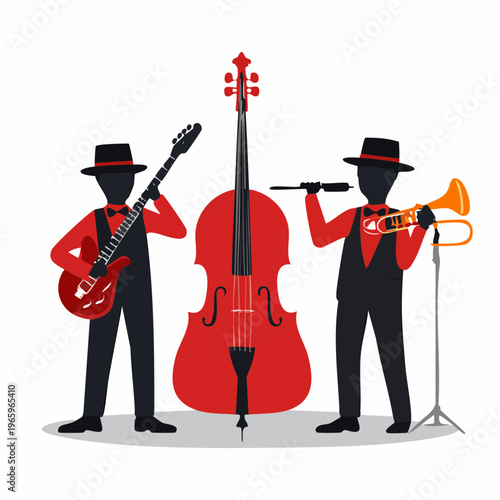 Musicians play instruments together at a live event in a crowded space during an evening performance