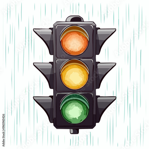 Traffic lights display colors orange and green while raining in a city street setting during the day