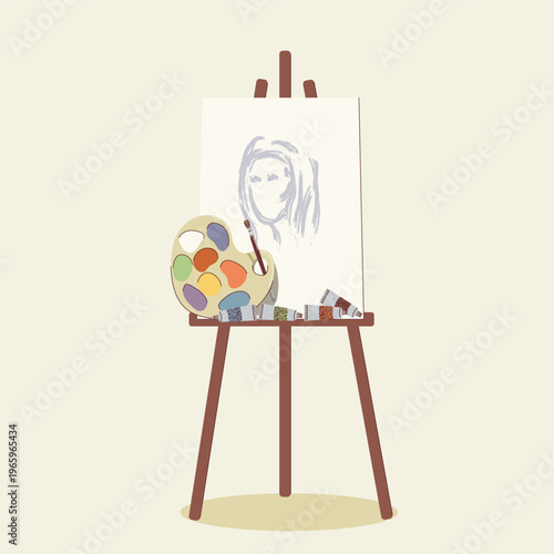 Wooden easel holding a canvas with a face sketch, accompanied by a palette and paint tubes