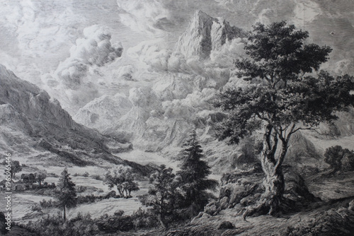Vintage Engraved Mountain Landscape with Pine Forest and River, Black and White Illustration
