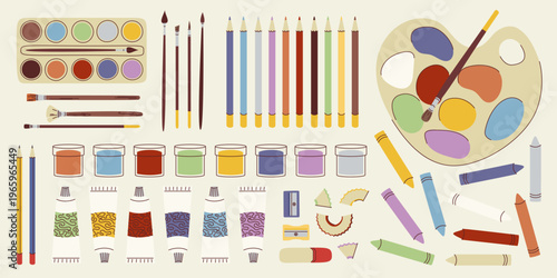Comprehensive art set featuring paints, pencils, brushes, palette, tubes, and a sharpener