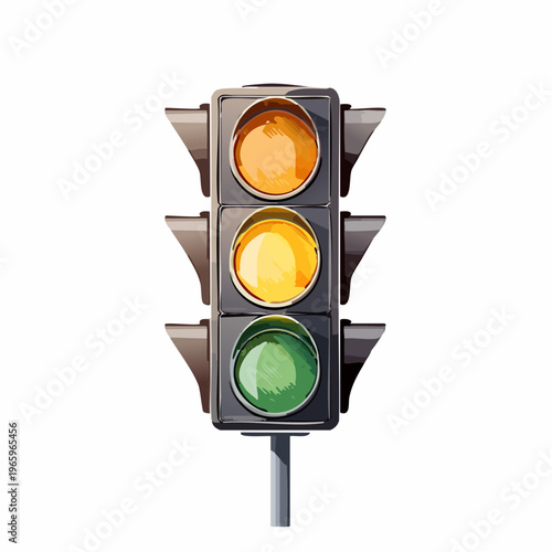 Traffic light shows orange yellow and green colors in urban setting during daytime to signal stop and go actions for vehicles on the road