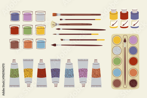 Diverse organized collection of art supplies including gouache jars, watercolor tray, and acrylic tubes