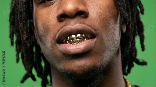 Close-up portrait of African American rapper with dreadlocks bandana and gold grillz against green screen backdrop.