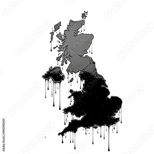 Map of the United Kingdom made from dripping black oil representing the British energy crisis and petroleum industry dependence