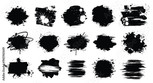 A collection of abstract black ink blots and brushstroke shapes arranged on a white background all in silhouette high quality professional